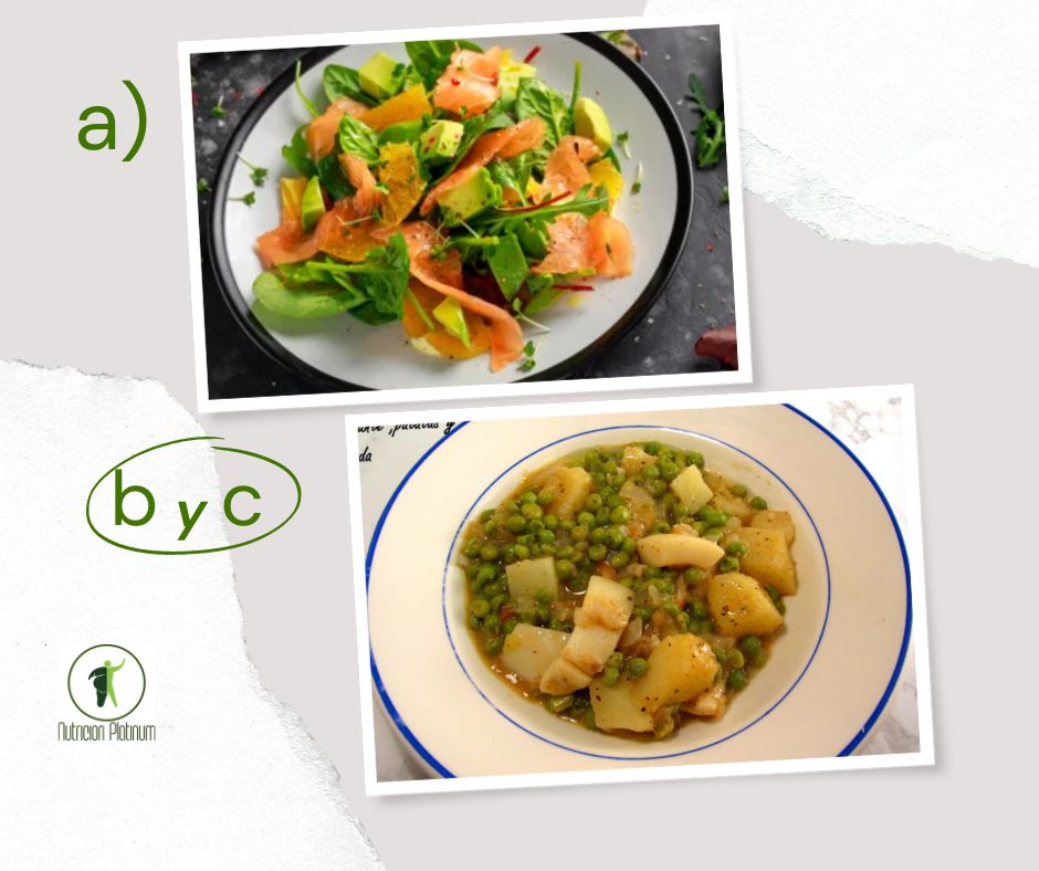 Ensalada de aguacate, salmón con sepia estofada con guisantes.